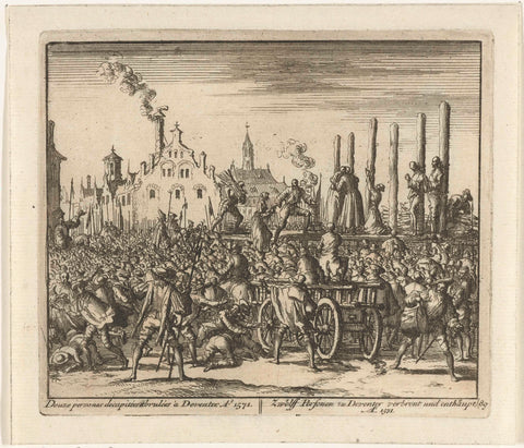 Harmen de Verwer and five others burned in Deventer, 1571, Jan Luyken, 1683 - 1685 Canvas Print