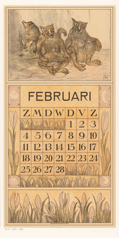 Calendar sheet February with lemurs, Theo van Hoytema, 1916 Canvas Print