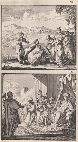 Moses found by the daughter of Pharaoh / Moses and the crown of the Pharaoh, Caspar Luyken, 1698 Canvas Print