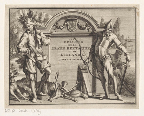 Two hunters for architectural setting, Jan Goeree (possibly), 1707 Canvas Print