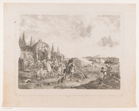 Hunting party at a brook with a Neptune fountain in the background, Jean Moyreau, 1748 Canvas Print