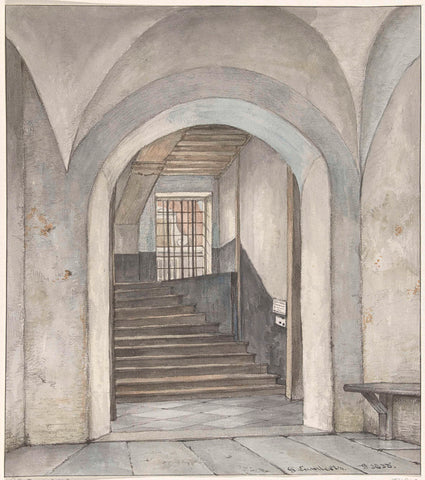 The staircase where William of Orange was murdered, the bullet holes and the text sign, Gerrit Lamberts, 1835 Canvas Print