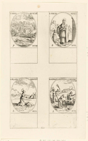 Slag bij Lepanto (Maria-Overwinning), Heilige Simeon Senex van Jeruzalem, Heilige Pelagia van Antiochië, Heilige Reparata van Caesarea en Heilige Benedicta van Laon (7-8 oktober), Jacques Callot, 1632 - 1636 Canvas Print