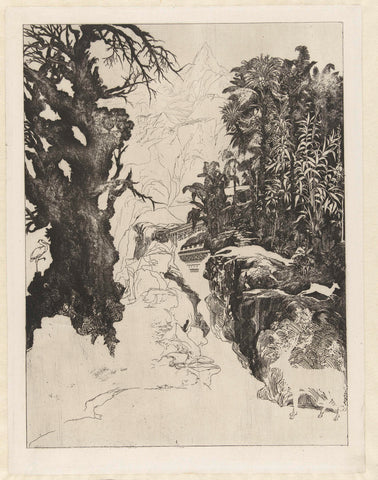 Unfinished Mountain Landscape with Tree and Animals, Rodolphe Bresdin, 1871 Canvas Print