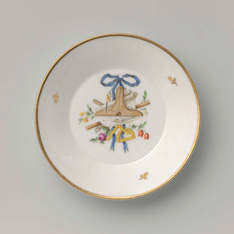 Dish belonging to a tea set with decoration of trophies on tied ribbons, Koninklijke Porseleinfabriek Dommer &Co., 1809 - in or before 1814 Canvas Print