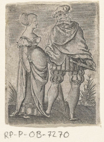 Dancing couple, the man has a beard and a dagger, Cornelis Bos, 1546 - 1548 Canvas Print