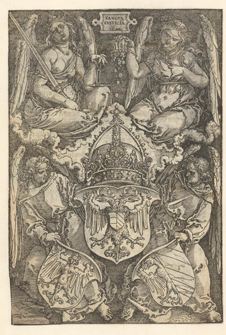 Allegory with the coat of arms of the empire and two coats of arms of the city nuremberg, Albrecht Dürer, 1521 Canvas Print