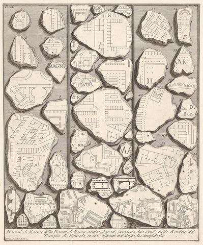 Marmerfragmenten met delen van een plattegrond van Rome, Giovanni Battista Piranesi, c. 1756 - c. 1757 Canvas Print