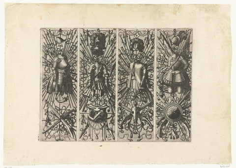 Four vertical trophies with armor and weapons, Johannes or Lucas van Doetechum, 1572 Canvas Print