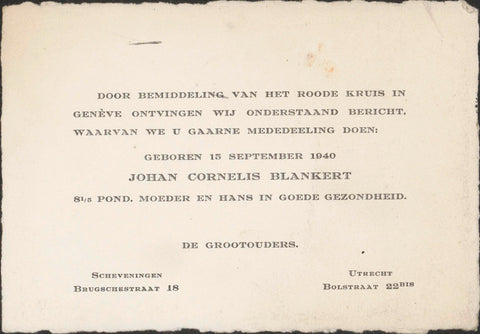 Birth announcement of Johan Cornelis Blankert, born 15 September 1940, anonymous, c. 1940 Canvas Print