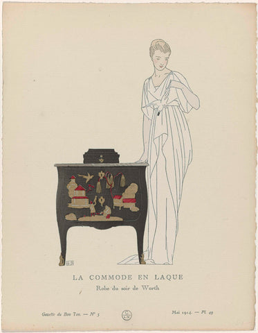 Gazette du Bon Ton, 1914 - No. 5, Pl. 49: La Commode en La Lacquer. / Robe du soir de Worth., Bernard Boutet de Monvel, 1914 Canvas Print