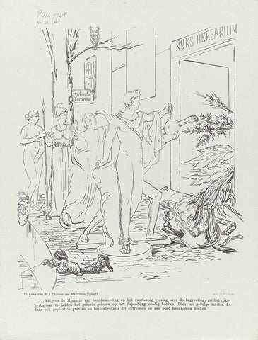 Cartoon on the putting on the street of the plaster sculptures in the Oudheidkundig Museum in Leiden, 1864, Johan Michaël Schmidt Crans, 1864 Canvas Print