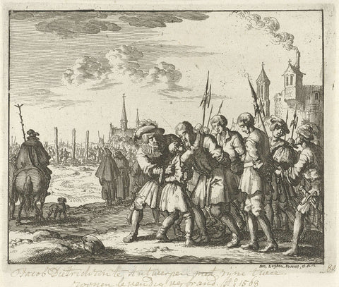 Jacob Dirksz. met zijn beide zonen te Antwerpen naar de brandstapel gevoerd, 1568, Jan Luyken, 1685 Canvas Print