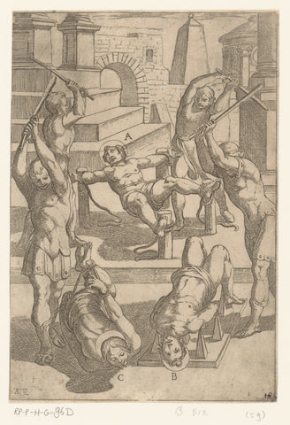 Torture: beating of saints tied to four poles and sharp points, Antonio Tempesta, 1565 - 1630 Canvas Print