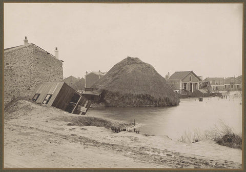 Collapsed haystack and destroyed barns and houses in a flooded suburb of Paris, G. Dangereux, 1910 Canvas Print