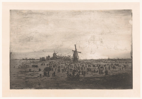 Dutch Winter Landscape with Windmills and Skaters, Ludovic Napoléon Lepic, 1870 Canvas Print