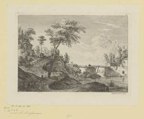 Landscape with a wooden bridge, Jean Jacques de Boissieu, 1763 Canvas Print