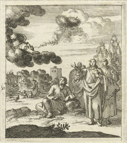 Five figures watch as a cherub blows up a feather from a cloud, Jan Luyken, 1689 Canvas Print