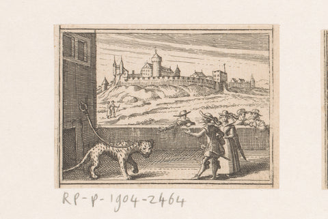 Chained tiger with spectators and castle in the background, Daniel Sudermann, 1624 Canvas Print