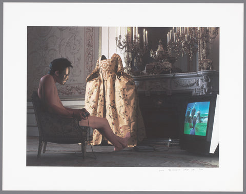 Silk gown for a marble fireplace and a seated masked young man, playing on a game console in the Room of Museum Willet-Holthuysen, Tom van Heel, 2000 - 2003 Canvas Print