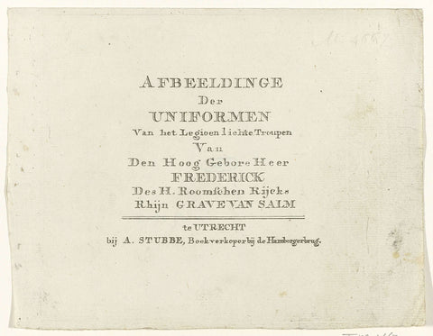 Title print of the print series of uniforms of the Legion of the Rhine count of Salm, 1785, anonymous, 1785 Canvas Print