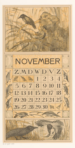 Calendar sheet November with variegated crow, Theo van Hoytema, 1915 Canvas Print