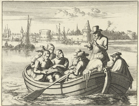 Pieter Pietersz. Bekjen preaches to eight people in a rowing boat on the Amstel, 1568, Jan Luyken, 1693 Canvas Print