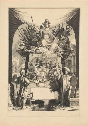 Minerva enthroned above a coat of arms, Gerard de Lairesse (rejected attribution), 1600 - 1699 Canvas Print