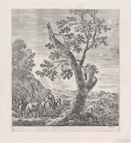 Woman with child on horseback by tree and herd, Stefano della Bella, 1620 - 1664 Canvas Print