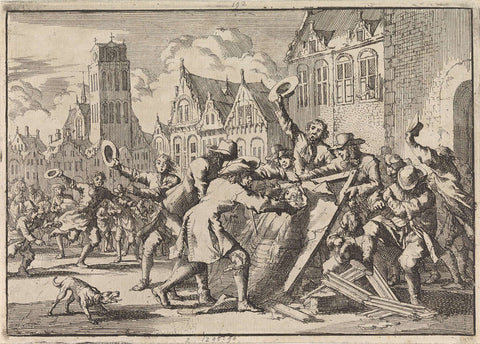 Riot in Dordrecht in which an image of Cornelis de Witt is destroyed by the people, 1672, Jan Luyken, 1698 Canvas Print