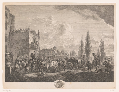 Hunting party at a fountain in front of a house, Jean Moyreau, c. 1733 - 1762 Canvas Print