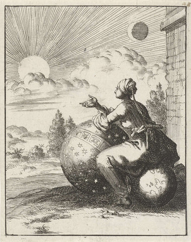 Woman looks, sitting on a globe and leaning on a celestial globe, the setting sun, Jan Luyken, 1687 Canvas Print