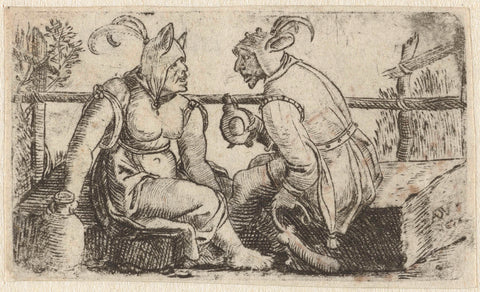 Jester with phallus and female jester, Hans Sebald Beham, 1510 - 1599 Canvas Print