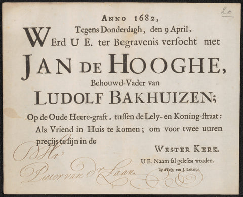 Invitation to Pieter van der Laan for the funeral of Johannes (Jan) de Hooghe (1608-1682)., heirs Jacob Lescailje, 1682 Canvas Print