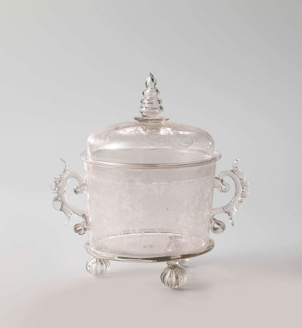 Pot with lid on legs, with a lace pattern, anonymous, c. 1690 - c. 1710 Canvas Print