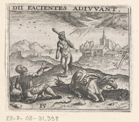 Hercules helps a man who has fallen off his donkey, Theodor de Bry, 1596 Canvas Print