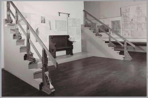 Room with panels with design drawings, two banisters, a console to support a painting bar and a bench, c. 1985 Canvas Print