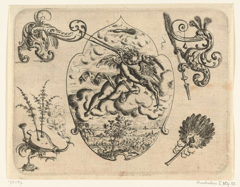 Leaf-shaped cartouche with a putto, sitting on a cloud, Christoph Jamnitzer, 1573 - 1610 Canvas Print