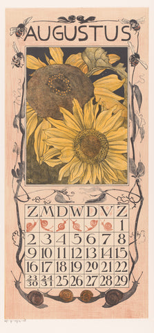 Calendar sheet August with sunflowers, Theo van Hoytema, 1902 Canvas Print