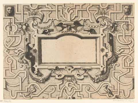 Cartouche surrounded by moresks, in the upper left and right corner hangs a mascaron, Johannes or Lucas van Doetechum, c. 1555 - c. 1560 Canvas Print