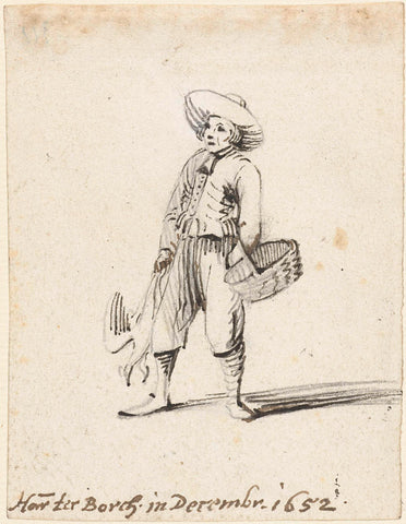 Young man with basket and a few birds, to the left, Harmen ter Borch, 1652 Canvas Print