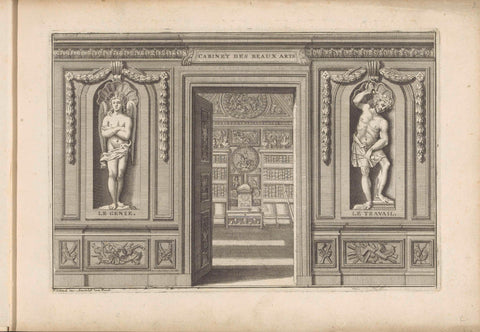 Open door to an art room with images of the personifications of the Genie en Werk on both sides, Pieter Sluyter, 1693 Canvas Print