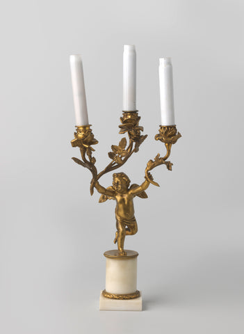 Kandelaber of white marble and gilded bronze, with three arms in the form of branches with leaves, ending in pink buds, held up by winged putto, anonymous, c. 1900 - c. 1915 Canvas Print