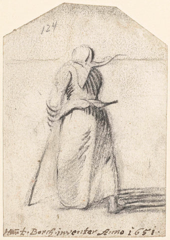 Woman leaning on a stick, from behind, Harmen ter Borch, 1651 Canvas Print