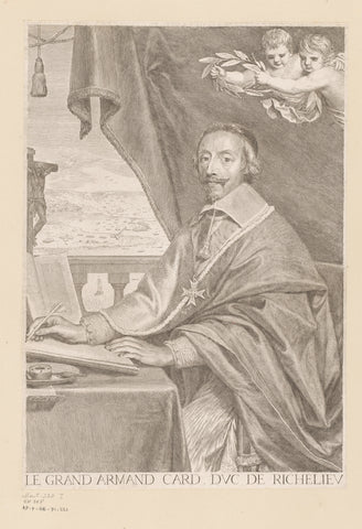 Portrait of Armand-Jean du Plessis duke of Richelieu, writing at a table, Claude Mellan, 1651 Canvas Print