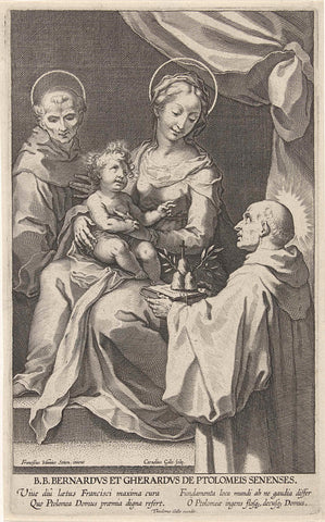 Maria with Kind and Saint Bernard of Siena and St. Gerardus, Cornelis Galle (I), 1612- 1633 Canvas Print