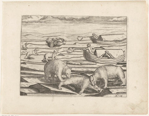 Attack by three polar bears on the boats, 1597, anonymous, 1615 - 1617 Canvas Print