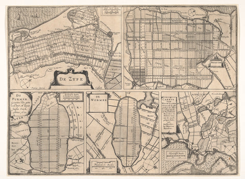 Sheet with maps of the polders of the Zijpe, Beemster, Purmer, Wormer and a map of Waterland., Pieter van der Keere, 1631 - 1633 Canvas Print