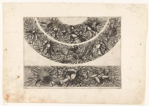 Two semicircle with trophies of weapons and armor above a horizontal trophy with weapons and musical instruments, John or Luke of Doetechum, 1572 Canvas Print