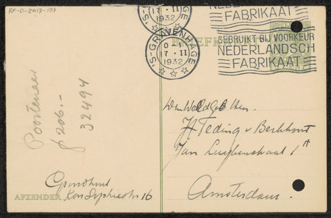 Postcard to jonkheer Hendrik Teding van Berkhout (1879-1969), Willem Adrianus Grondhout, 1932 Canvas Print